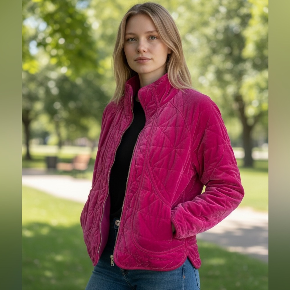 Calia Carrie Underwood Hot Pink Velvet Quilted Full-Zip Pockets Jacket, Medium - Picture 2 of 14